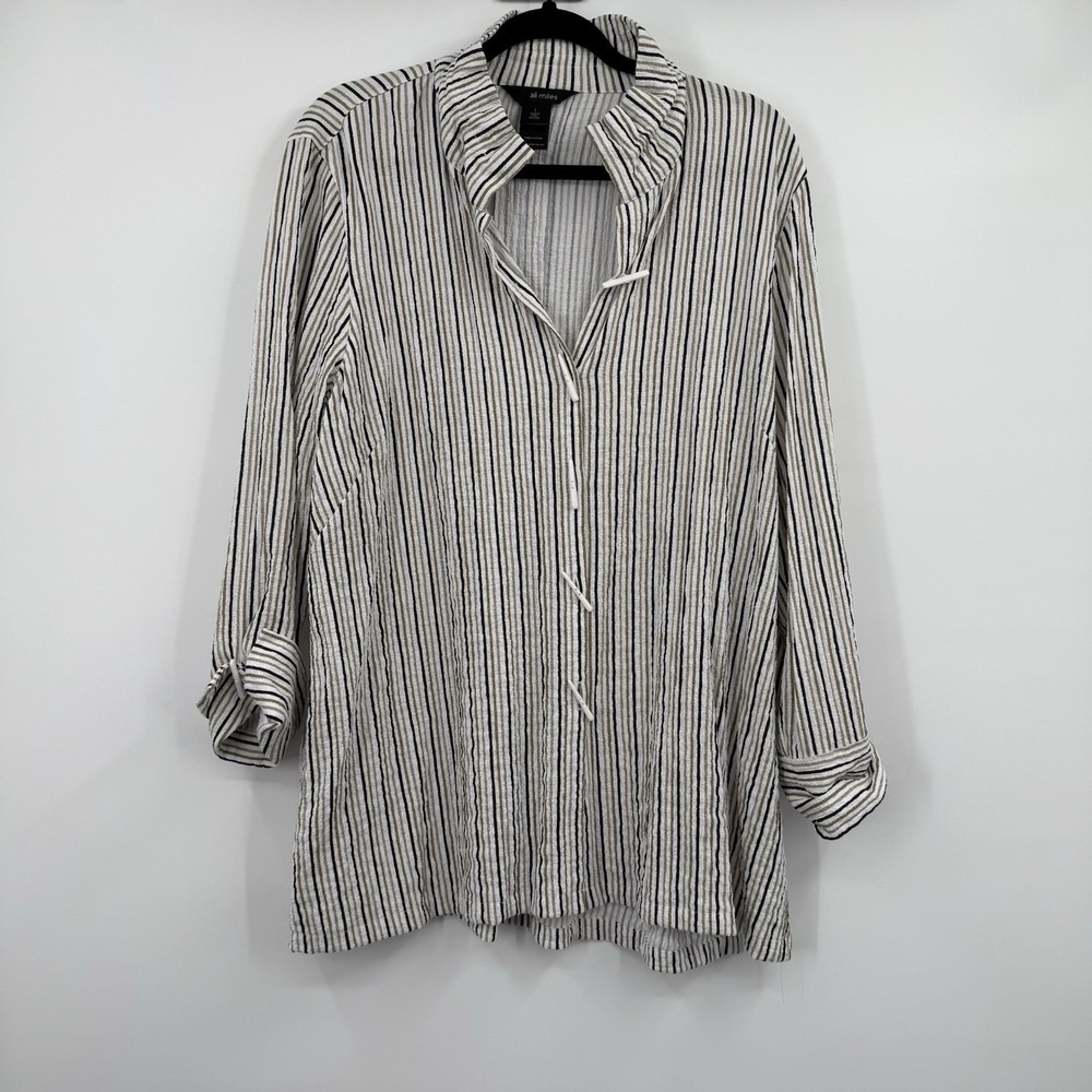 Ali Miles Top Shirt Womens Large White Striped Texture Toggle Button Wire Collar